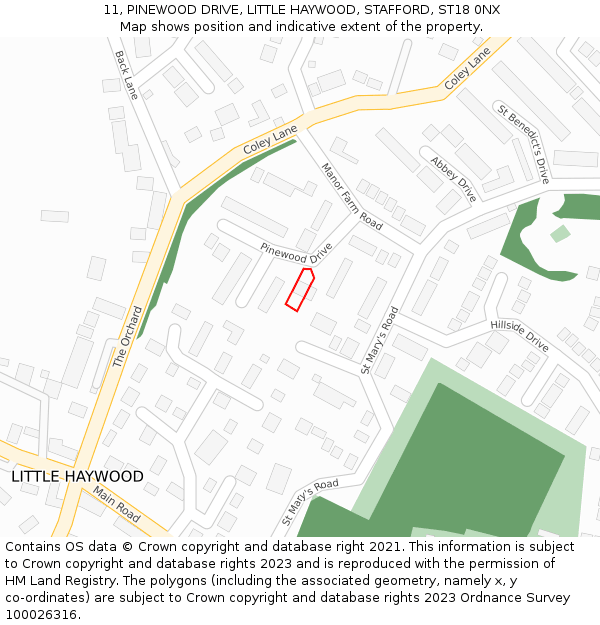 11, PINEWOOD DRIVE, LITTLE HAYWOOD, STAFFORD, ST18 0NX: Location map and indicative extent of plot