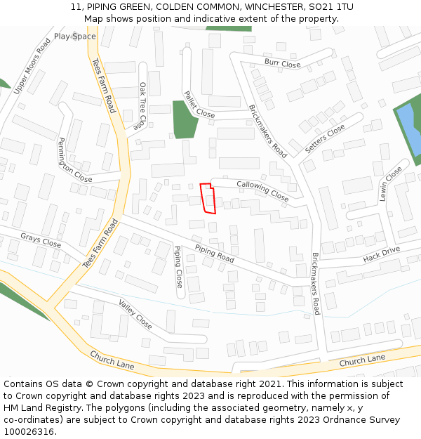 11, PIPING GREEN, COLDEN COMMON, WINCHESTER, SO21 1TU: Location map and indicative extent of plot