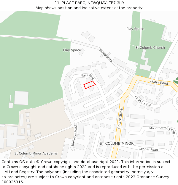 11, PLACE PARC, NEWQUAY, TR7 3HY: Location map and indicative extent of plot