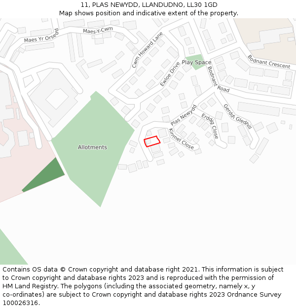 11, PLAS NEWYDD, LLANDUDNO, LL30 1GD: Location map and indicative extent of plot