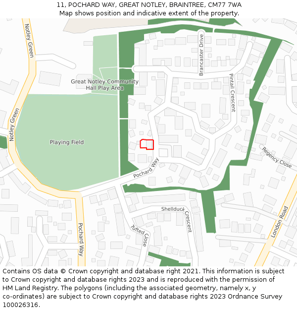 11, POCHARD WAY, GREAT NOTLEY, BRAINTREE, CM77 7WA: Location map and indicative extent of plot