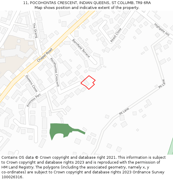 11, POCOHONTAS CRESCENT, INDIAN QUEENS, ST COLUMB, TR9 6RA: Location map and indicative extent of plot