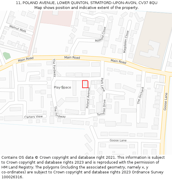 11, POLAND AVENUE, LOWER QUINTON, STRATFORD-UPON-AVON, CV37 8QU: Location map and indicative extent of plot