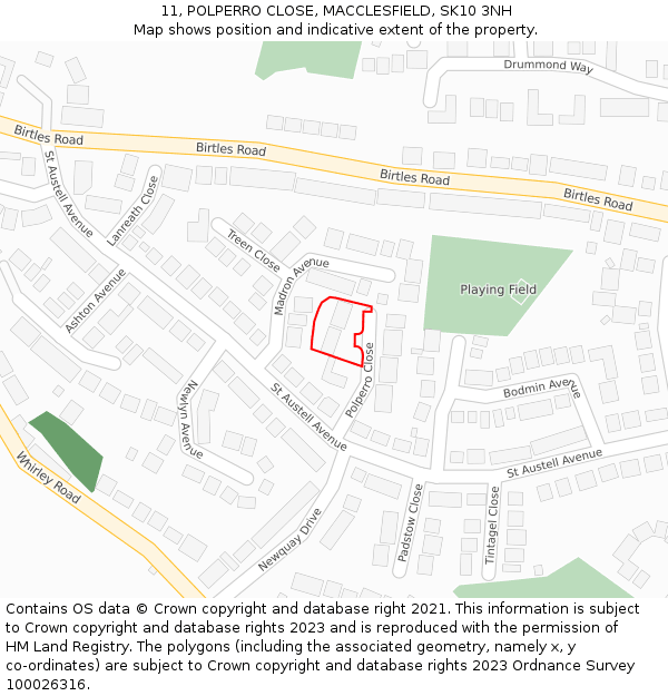 11, POLPERRO CLOSE, MACCLESFIELD, SK10 3NH: Location map and indicative extent of plot