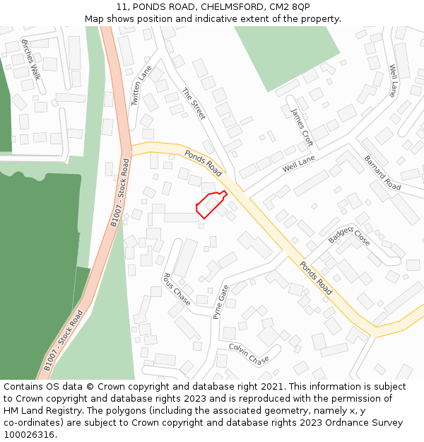 11, PONDS ROAD, CHELMSFORD, CM2 8QP: Location map and indicative extent of plot