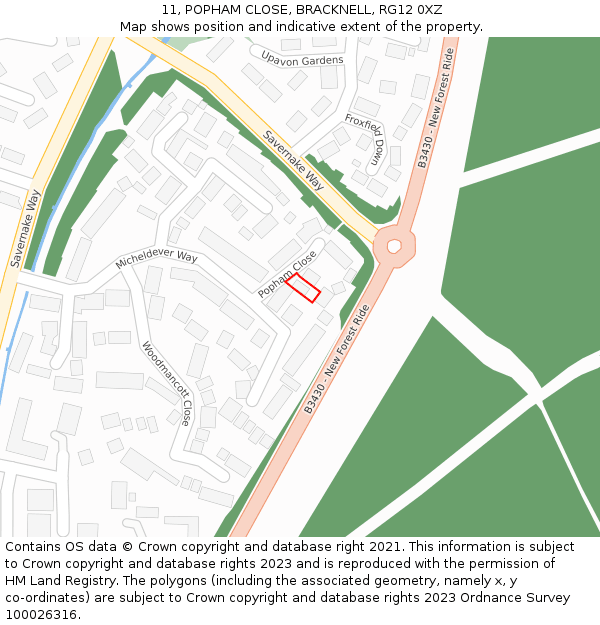 11, POPHAM CLOSE, BRACKNELL, RG12 0XZ: Location map and indicative extent of plot