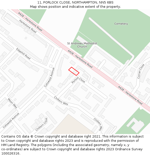 11, PORLOCK CLOSE, NORTHAMPTON, NN5 6BS: Location map and indicative extent of plot
