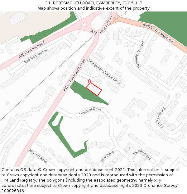 11, PORTSMOUTH ROAD, CAMBERLEY, GU15 1LB: Location map and indicative extent of plot