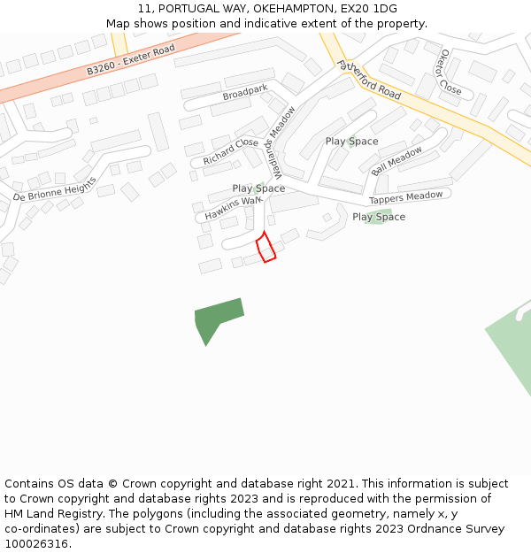 11, PORTUGAL WAY, OKEHAMPTON, EX20 1DG: Location map and indicative extent of plot
