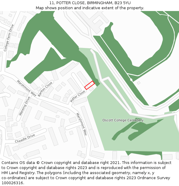 11, POTTER CLOSE, BIRMINGHAM, B23 5YU: Location map and indicative extent of plot