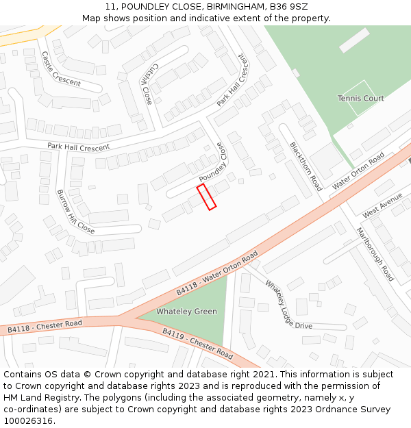 11, POUNDLEY CLOSE, BIRMINGHAM, B36 9SZ: Location map and indicative extent of plot