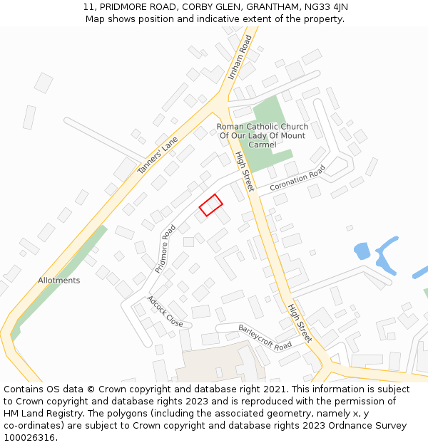 11, PRIDMORE ROAD, CORBY GLEN, GRANTHAM, NG33 4JN: Location map and indicative extent of plot