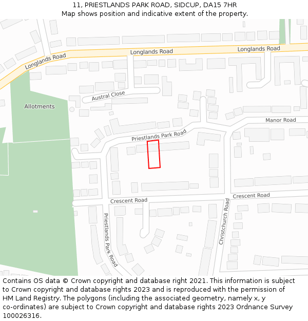 11, PRIESTLANDS PARK ROAD, SIDCUP, DA15 7HR: Location map and indicative extent of plot