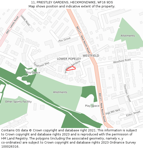 11, PRIESTLEY GARDENS, HECKMONDWIKE, WF16 9DS: Location map and indicative extent of plot