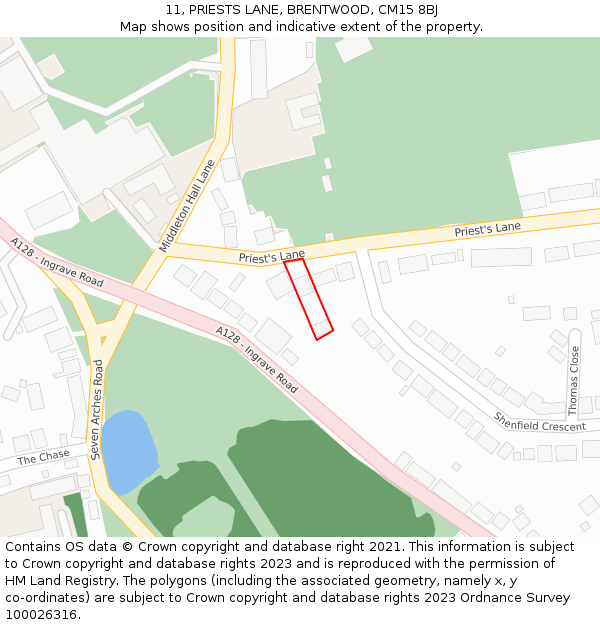11, PRIESTS LANE, BRENTWOOD, CM15 8BJ: Location map and indicative extent of plot