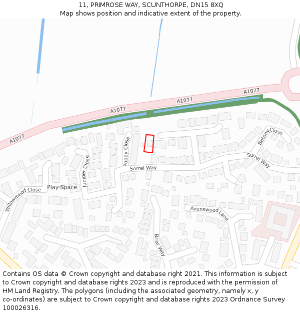 11, PRIMROSE WAY, SCUNTHORPE, DN15 8XQ: Location map and indicative extent of plot