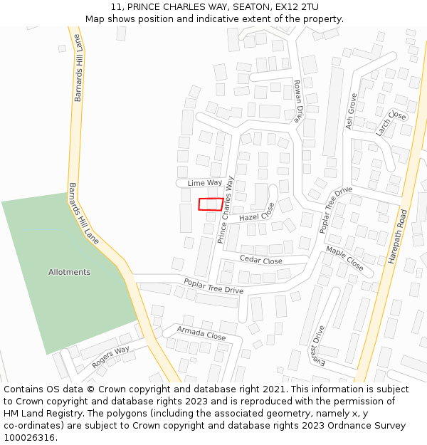 11, PRINCE CHARLES WAY, SEATON, EX12 2TU: Location map and indicative extent of plot
