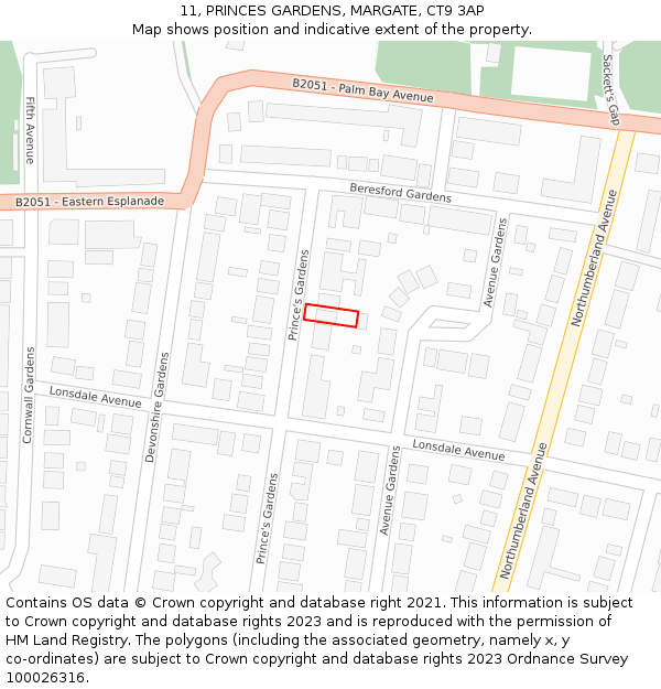 11, PRINCES GARDENS, MARGATE, CT9 3AP: Location map and indicative extent of plot