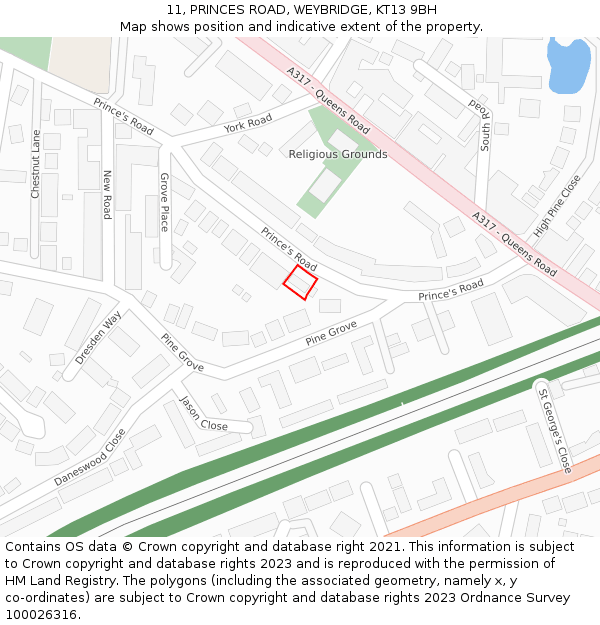 11, PRINCES ROAD, WEYBRIDGE, KT13 9BH: Location map and indicative extent of plot