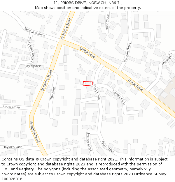 11, PRIORS DRIVE, NORWICH, NR6 7LJ: Location map and indicative extent of plot