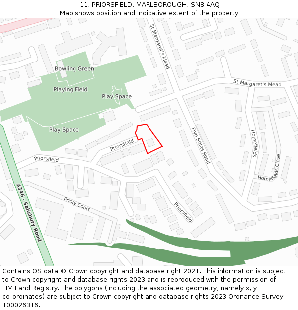 11, PRIORSFIELD, MARLBOROUGH, SN8 4AQ: Location map and indicative extent of plot