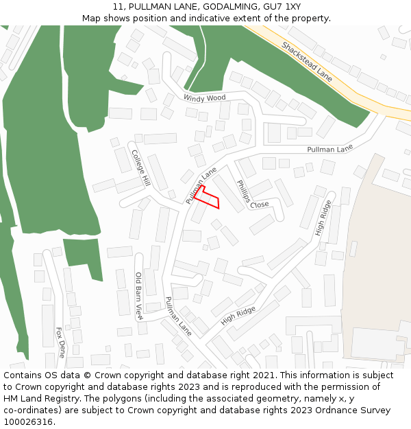 11, PULLMAN LANE, GODALMING, GU7 1XY: Location map and indicative extent of plot