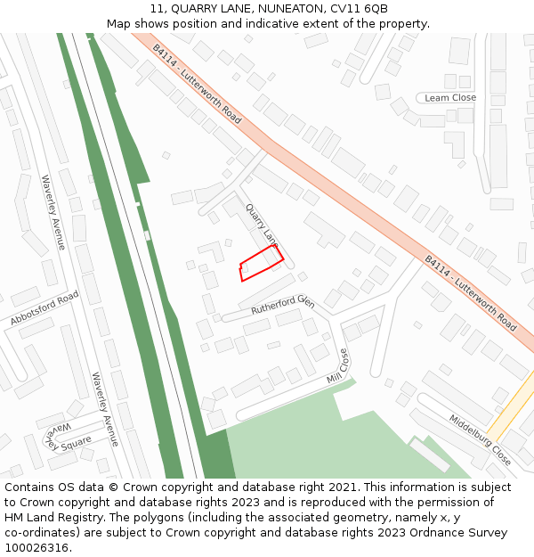 11, QUARRY LANE, NUNEATON, CV11 6QB: Location map and indicative extent of plot