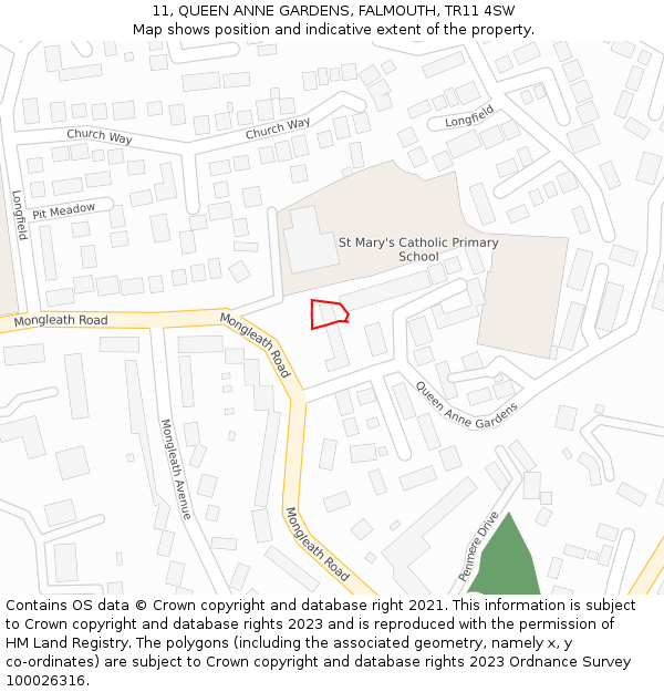 11, QUEEN ANNE GARDENS, FALMOUTH, TR11 4SW: Location map and indicative extent of plot