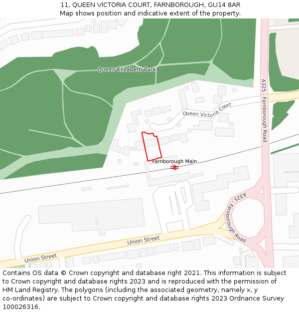 11, QUEEN VICTORIA COURT, FARNBOROUGH, GU14 8AR: Location map and indicative extent of plot