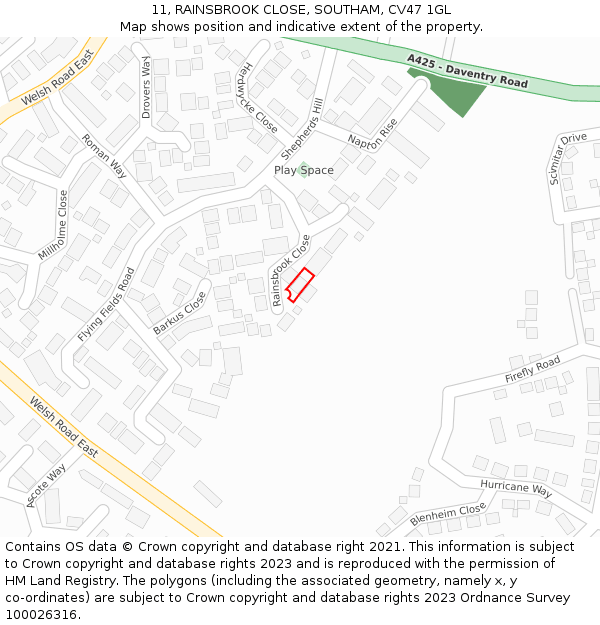 11, RAINSBROOK CLOSE, SOUTHAM, CV47 1GL: Location map and indicative extent of plot