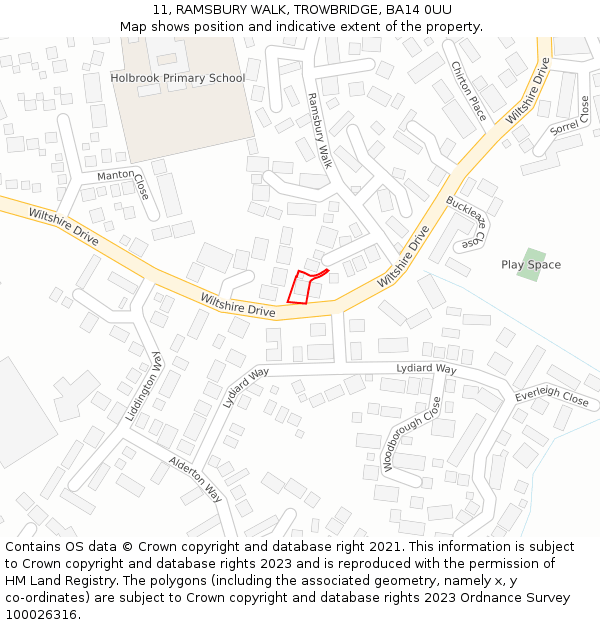 11, RAMSBURY WALK, TROWBRIDGE, BA14 0UU: Location map and indicative extent of plot