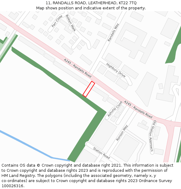 11, RANDALLS ROAD, LEATHERHEAD, KT22 7TQ: Location map and indicative extent of plot