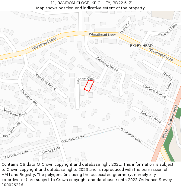 11, RANDOM CLOSE, KEIGHLEY, BD22 6LZ: Location map and indicative extent of plot