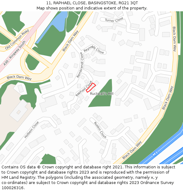 11, RAPHAEL CLOSE, BASINGSTOKE, RG21 3QT: Location map and indicative extent of plot