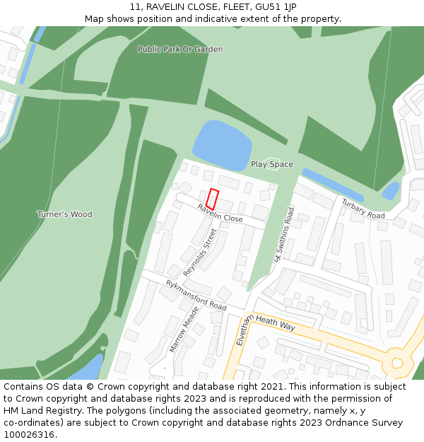 11, RAVELIN CLOSE, FLEET, GU51 1JP: Location map and indicative extent of plot