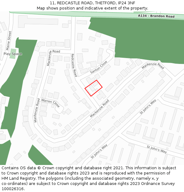 11, REDCASTLE ROAD, THETFORD, IP24 3NF: Location map and indicative extent of plot