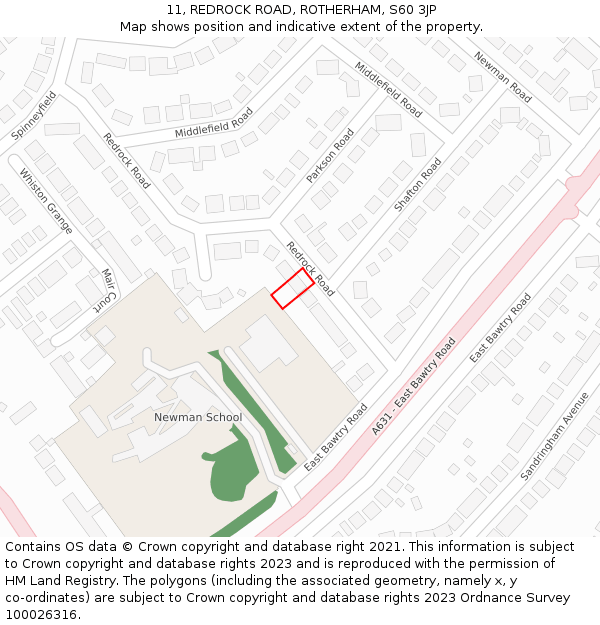 11, REDROCK ROAD, ROTHERHAM, S60 3JP: Location map and indicative extent of plot