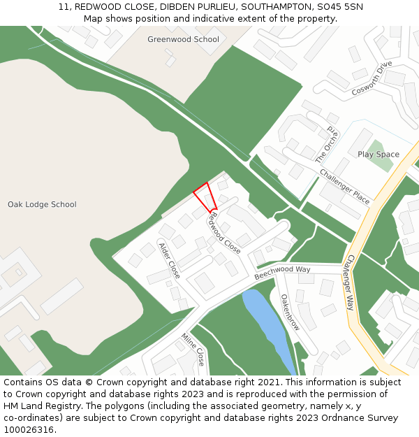 11, REDWOOD CLOSE, DIBDEN PURLIEU, SOUTHAMPTON, SO45 5SN: Location map and indicative extent of plot