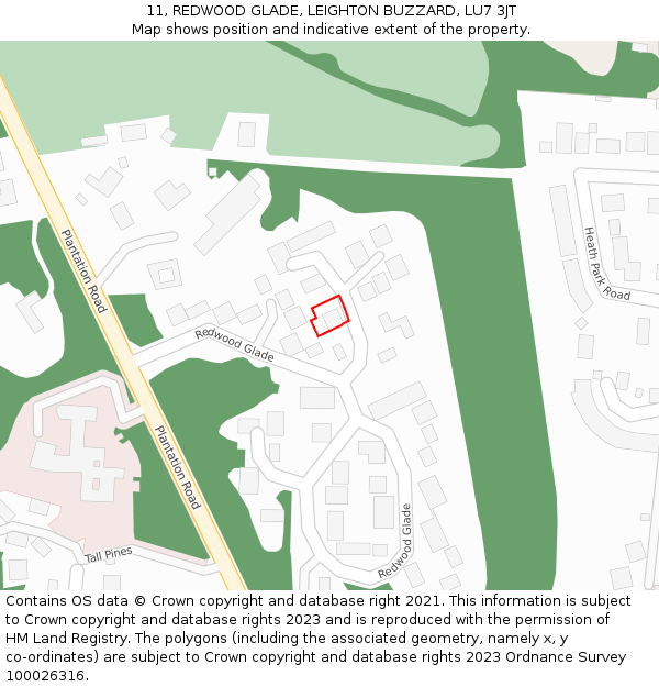 11, REDWOOD GLADE, LEIGHTON BUZZARD, LU7 3JT: Location map and indicative extent of plot