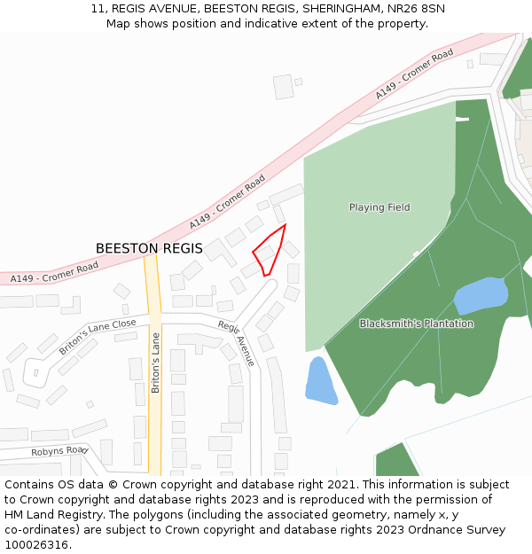 11, REGIS AVENUE, BEESTON REGIS, SHERINGHAM, NR26 8SN: Location map and indicative extent of plot