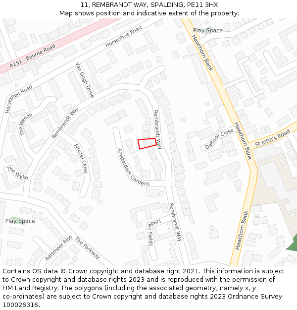 11, REMBRANDT WAY, SPALDING, PE11 3HX: Location map and indicative extent of plot