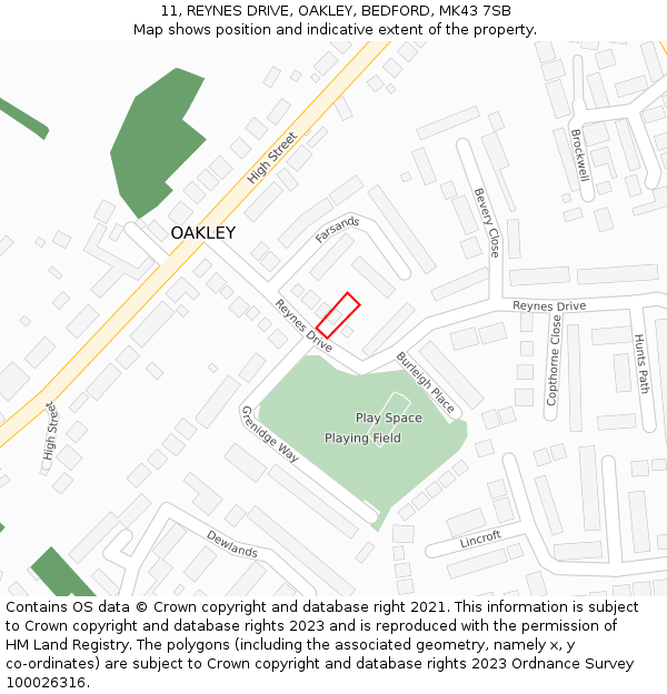 11, REYNES DRIVE, OAKLEY, BEDFORD, MK43 7SB: Location map and indicative extent of plot