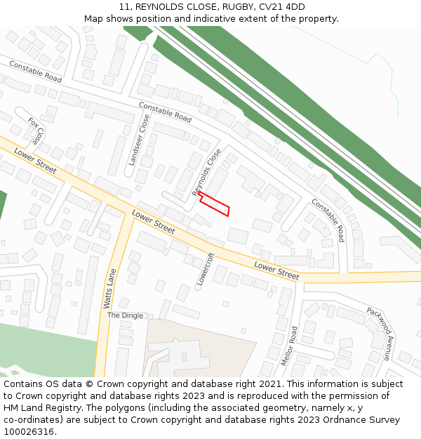 11, REYNOLDS CLOSE, RUGBY, CV21 4DD: Location map and indicative extent of plot