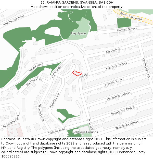 11, RHIANFA GARDENS, SWANSEA, SA1 6DH: Location map and indicative extent of plot
