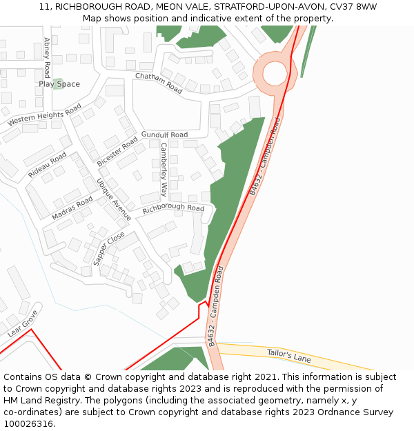 11, RICHBOROUGH ROAD, MEON VALE, STRATFORD-UPON-AVON, CV37 8WW: Location map and indicative extent of plot