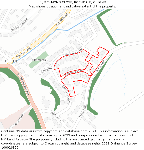 11, RICHMOND CLOSE, ROCHDALE, OL16 4RJ: Location map and indicative extent of plot