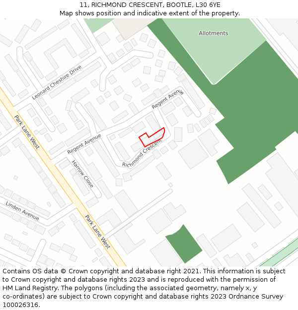 11, RICHMOND CRESCENT, BOOTLE, L30 6YE: Location map and indicative extent of plot