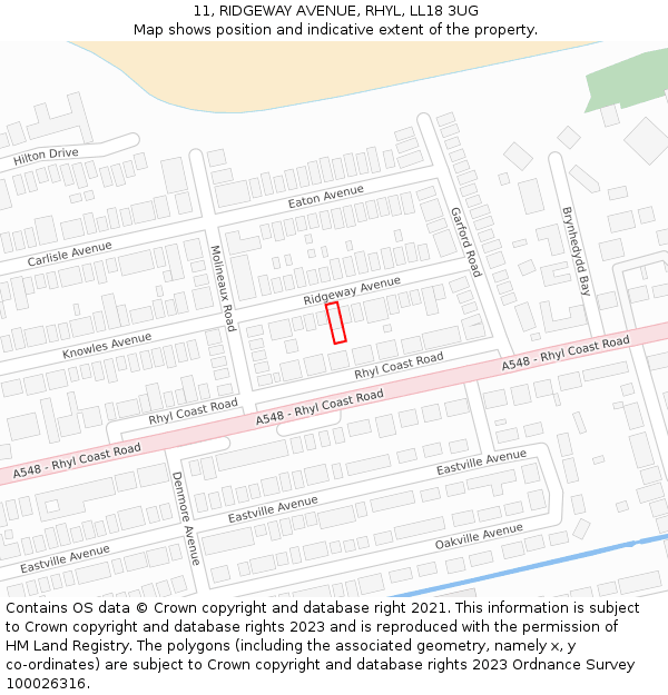 11, RIDGEWAY AVENUE, RHYL, LL18 3UG: Location map and indicative extent of plot