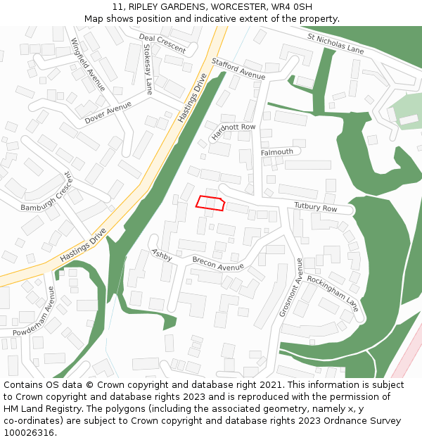11, RIPLEY GARDENS, WORCESTER, WR4 0SH: Location map and indicative extent of plot