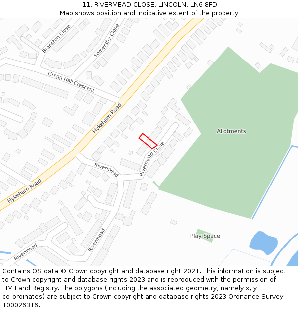 11, RIVERMEAD CLOSE, LINCOLN, LN6 8FD: Location map and indicative extent of plot